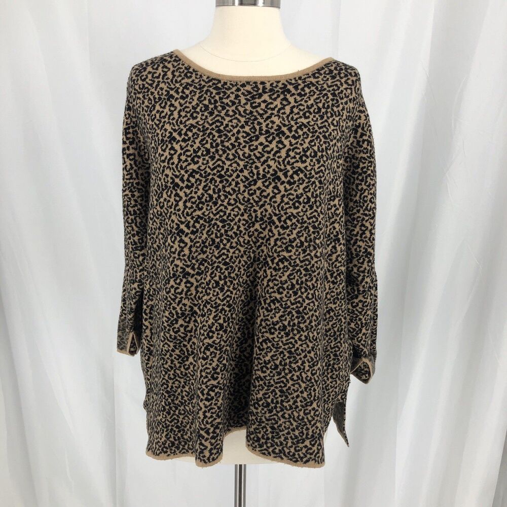 Tahari Women's 1X Leopard Print Sweater 3/4 Sleeve Crew Neck Casual Top Plus
